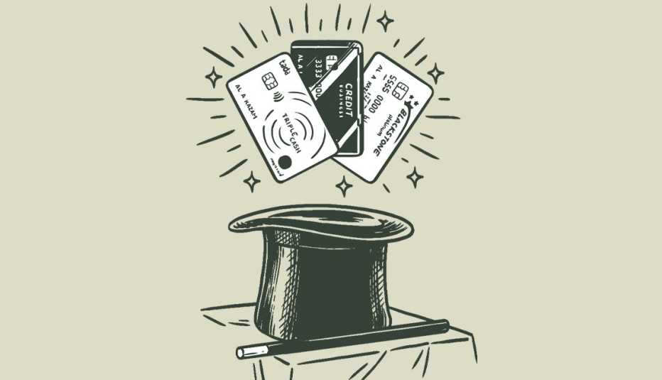 Ilustración de un sombrero de mago de donde salen tarjetas de crédito