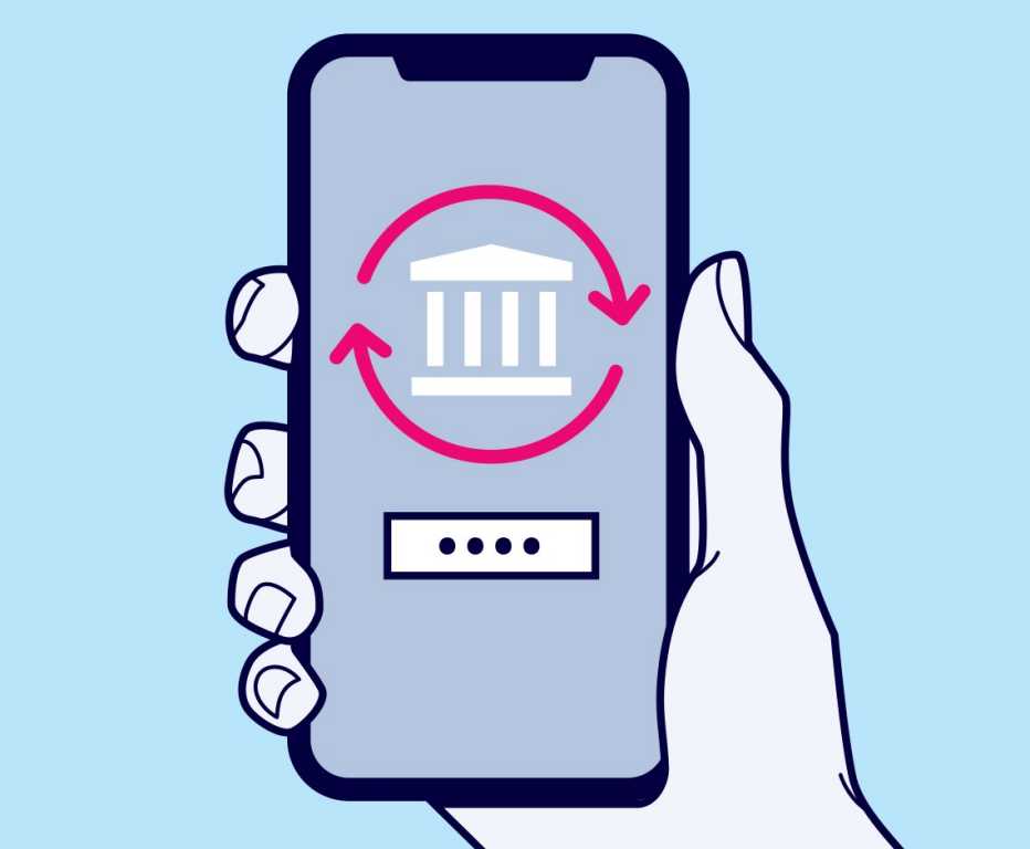 Ilustración de un teléfono móvil que muestra que un banco ha sido digitalmente validado.
