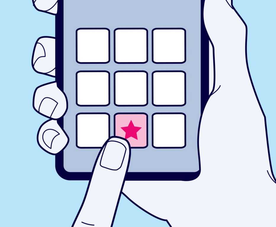 Ilustración de un teléfono móvil al momento que una persona presiona una tecla de atajo en la pantalla. 