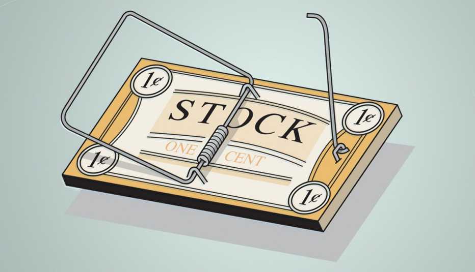 Ilustración de una trampa de ratón con cara de un billete y la palabra Stock.