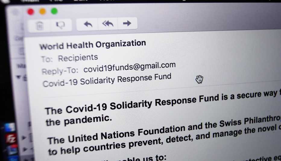 Ejemplo de un correo electrónico de un impostor de la Organización Mundial de la Salud, en el cual se pide una donación.