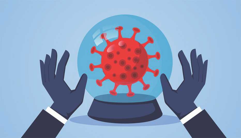 Ilustración de una bola de cristal que muestra un coronavirus