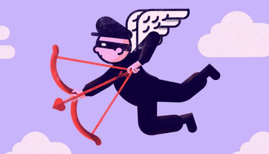 Ilustración de un ladrón con antifaz, alas, y arco y flecha de Cupido 