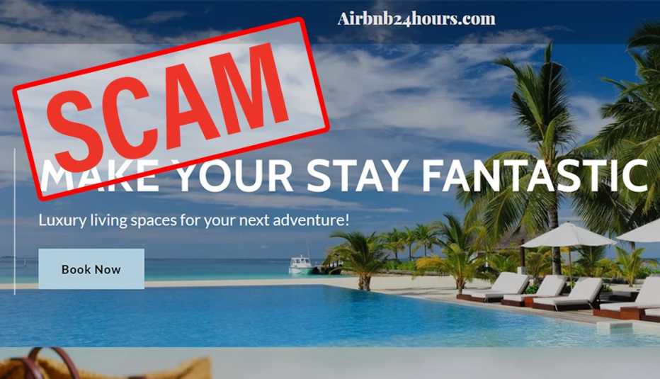 Palabra fraude en inglés encima de una imagen que promociona un destino fantástico para reservar a través de airbnb