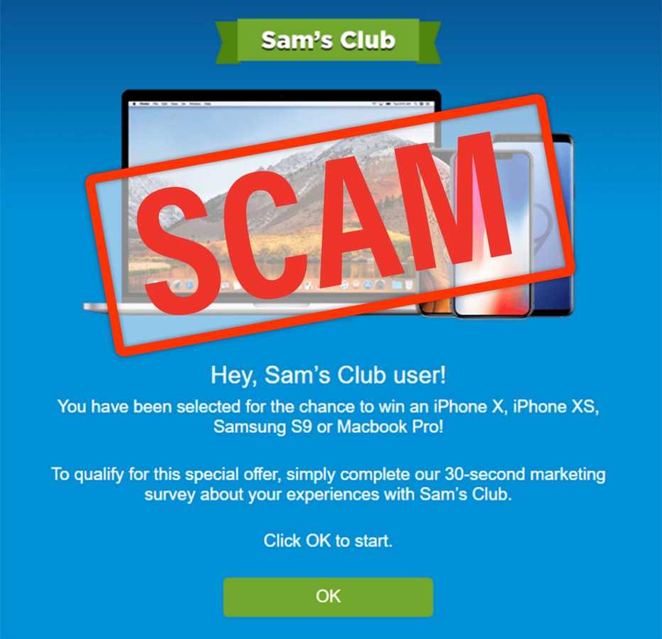 Suplantación de correo electrónico con una promoción de Sams club con un aviso encima que dice estafa