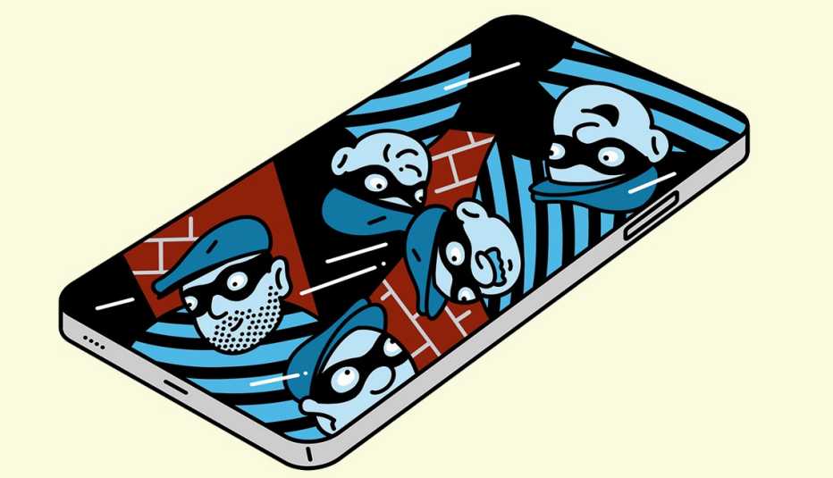 Ilustración de un teléfono móvil que tiene imágenes de ladrones en su pantalla