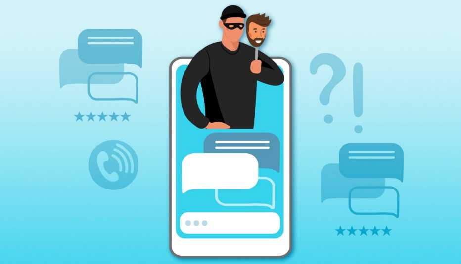 Ilustración de un impostor que sale de la pantalla de un teléfono móvil y sostiene una cara falsa con su mano