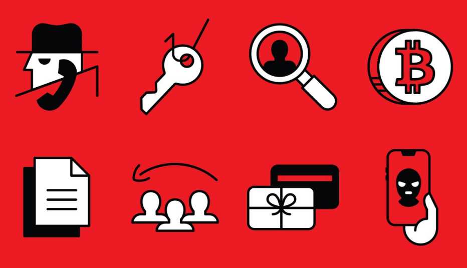 íconos para ilustrar fraudes populares del 2022, persona con un teléfono, llaves, lupa, bitcóin, documentos, contactos, tarjetas de regalo, mensajes de texto 