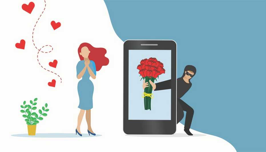 Ilustración de una mujer que espera el amor. En el centro un teléfono que muestra un ramo de flores y al otro lado un delincuente que lo sostiene