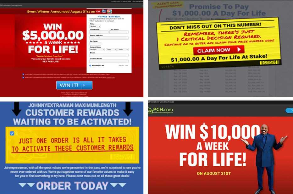 Recopilación de cuatro capturas de pantalla de la web de Publishers Clearing House en las que se anuncian recompensas y premios para los clientes.