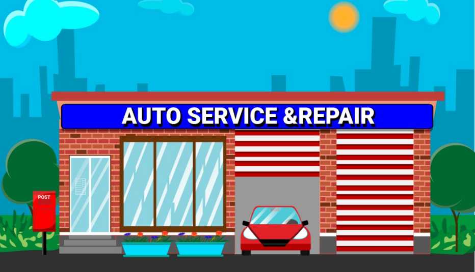 Ilustración de un taller de reparación de automóviles con un coche rojo en el compartimento del automóvil