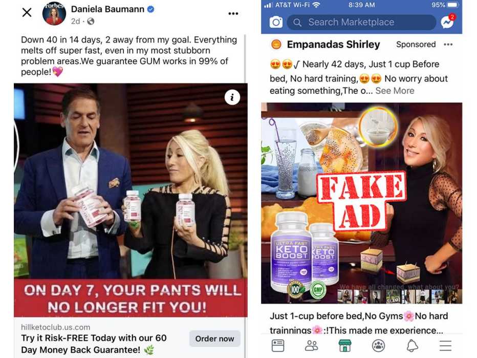 Imágenes falsas de presentadores de "Shark Tank" promocionando medicamentos para bajar de peso y gomitas cetogénicas.