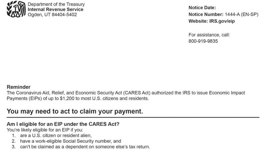 Aviso del IRS-1444-a como recordatorio para presentar reclamos de estímulo.