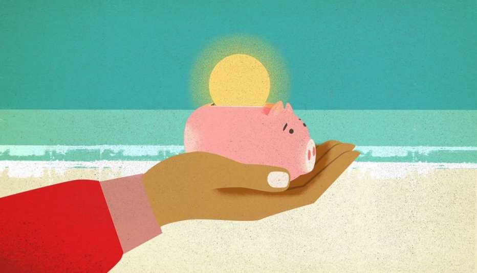 ilustracion de una mano sosteniendo una alcancia de cerdito en una playa con el sol de fondo.