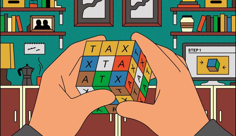 Ilustración de una persona con un cubo en las manos dividido en 9 letras que dicen impuesto en inglés