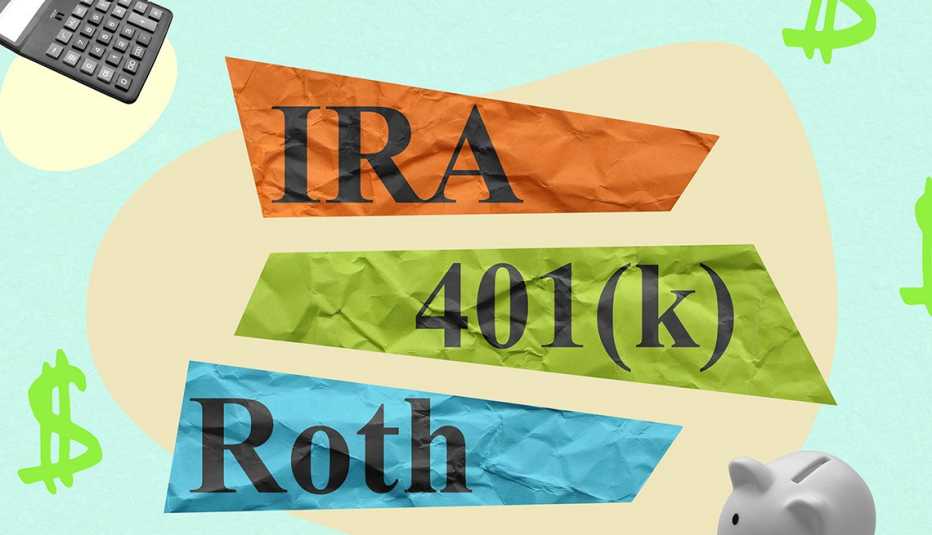 Ilustración de papeles arrugados que dicen cuentas de retiro IRA, Roth y 401k