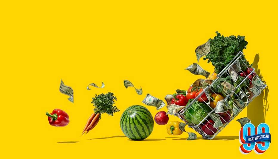 Verduras y frutas cayendo de un carro de compras