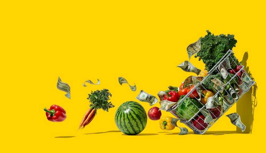 Verduras y frutas cayendo de un carro de compras