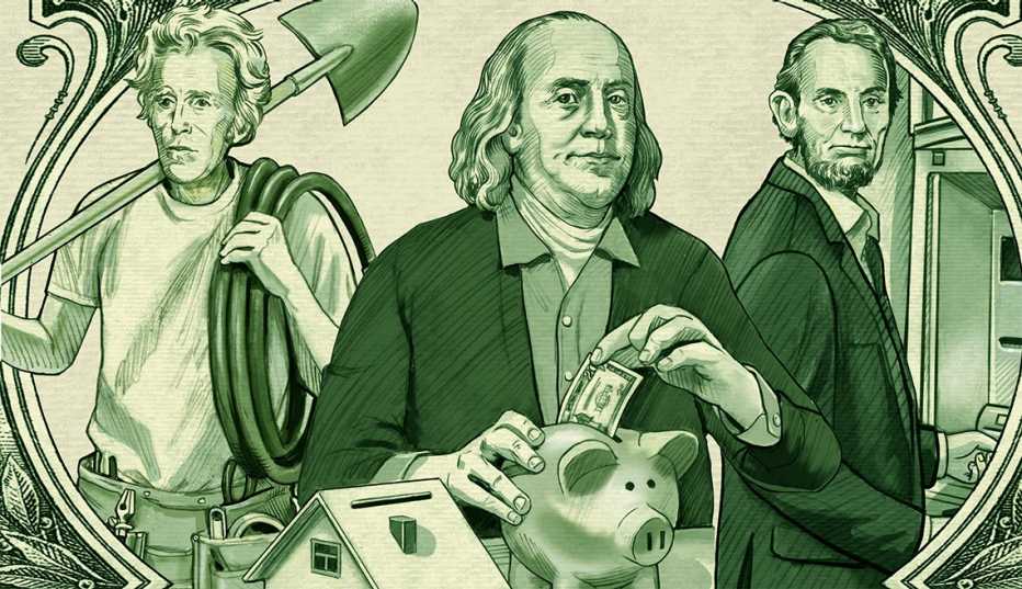 Ilustración parecida a un billete de dólar con Andrew Jackson con una pala, Benjamin Franklin con una alcancía, y Abraham Lincoln en un cajero automático.