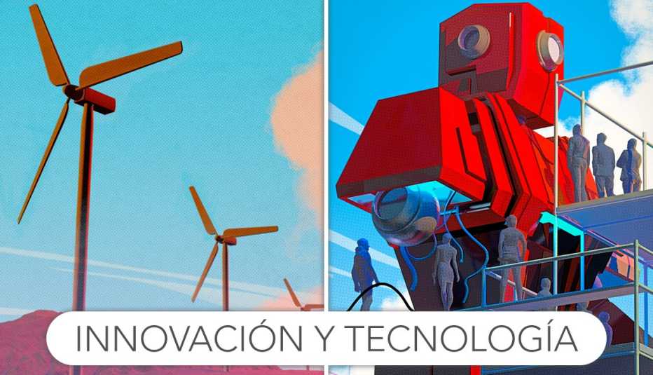 Ilustración de molinos de viento y una fábrica con el texto innovación y tecnología