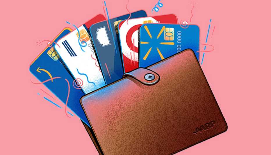 Ilustración de una billetera con tarjetas de crédito de tiendas.