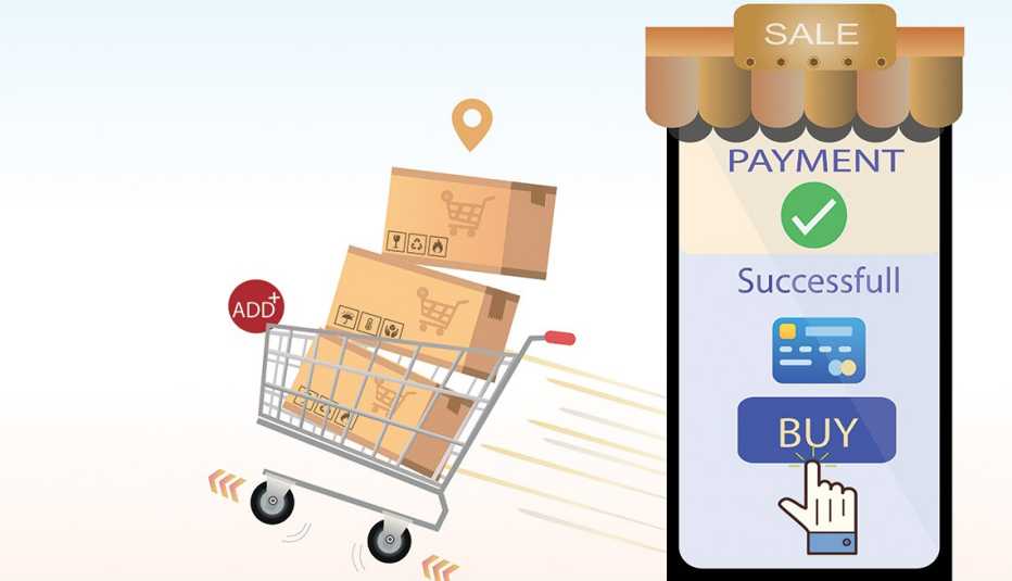 Ilustración de un carrito de compras con cajas y un teléfono móvil con un botón de comprar en la pantalla.