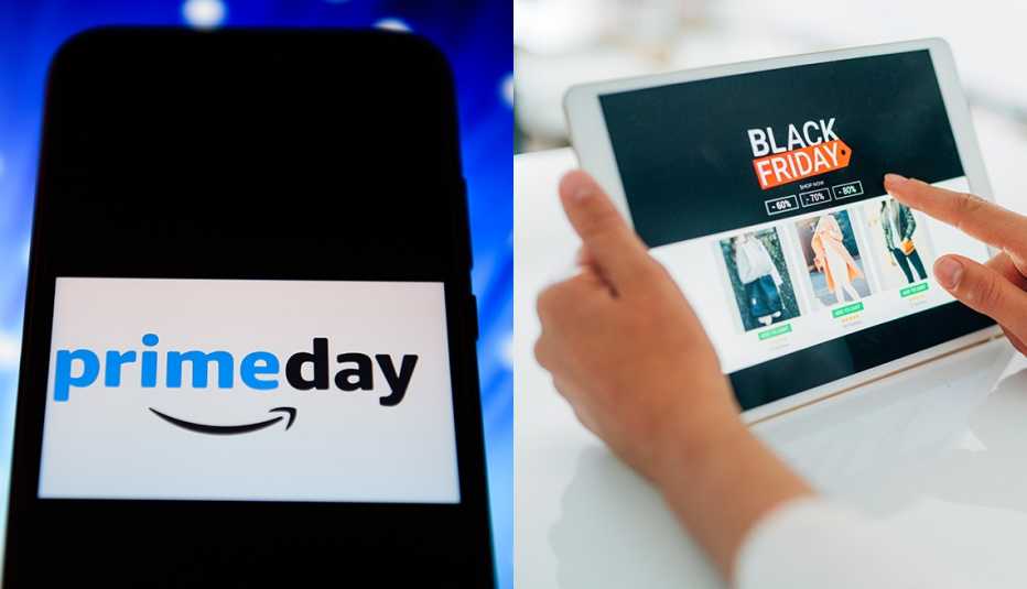 Pantalla de un móvil con el logo  de Amazon Prime Day y una persona con una tableta que hace compras durante el Viernes negro.