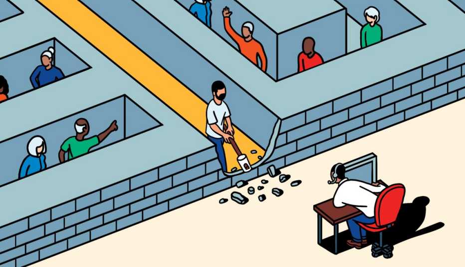 Ilustración de un laberinto de ladrillos con personas encerradas, mientras otro tumba el muro y llega a hablar con otra persona detrás de su escritorio.