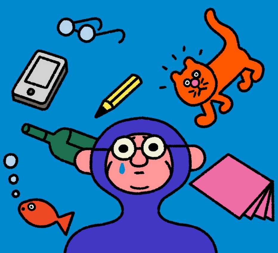Ilustración de una persona en el agua con un pez, gafas, lápiz, teléfono y un gato flotando.