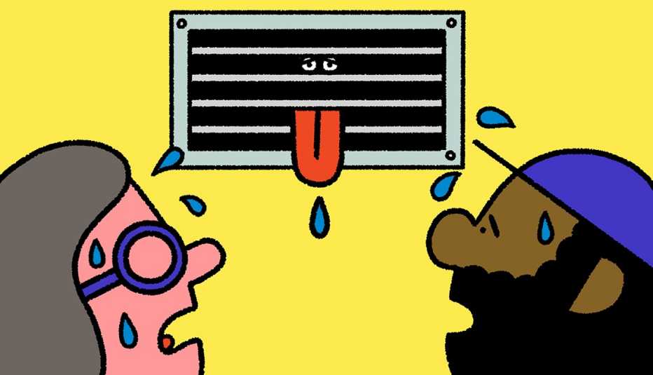 Ilustración de dos personas mirando a un aire acondicionado que saca la lengua por mal funcionamiento.