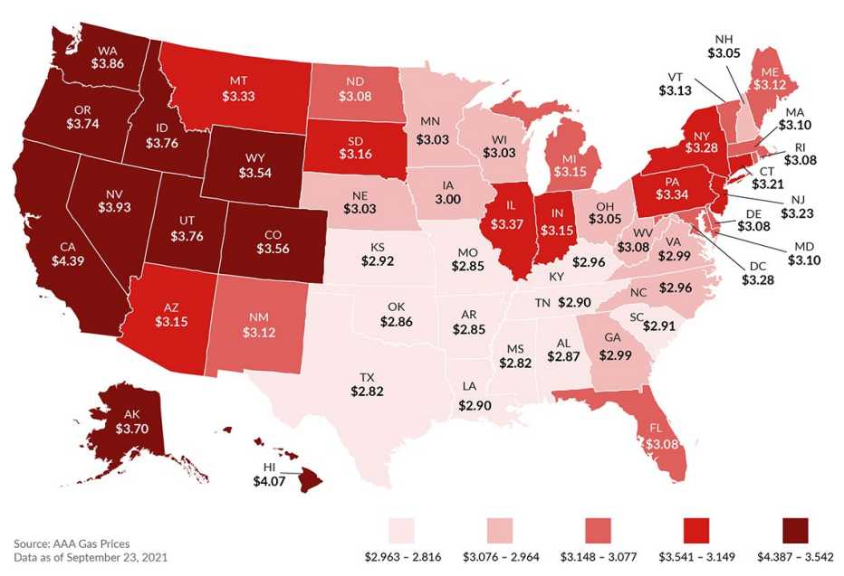 Mapa de los Estados Unidos mostrando los precios de la gasolina, 2021