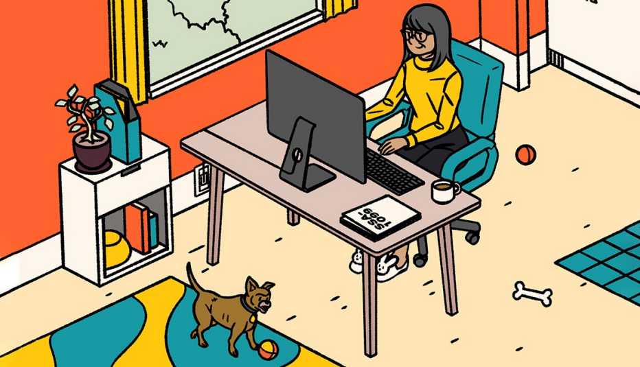 Ilustración de una mujer en su oficina en casa