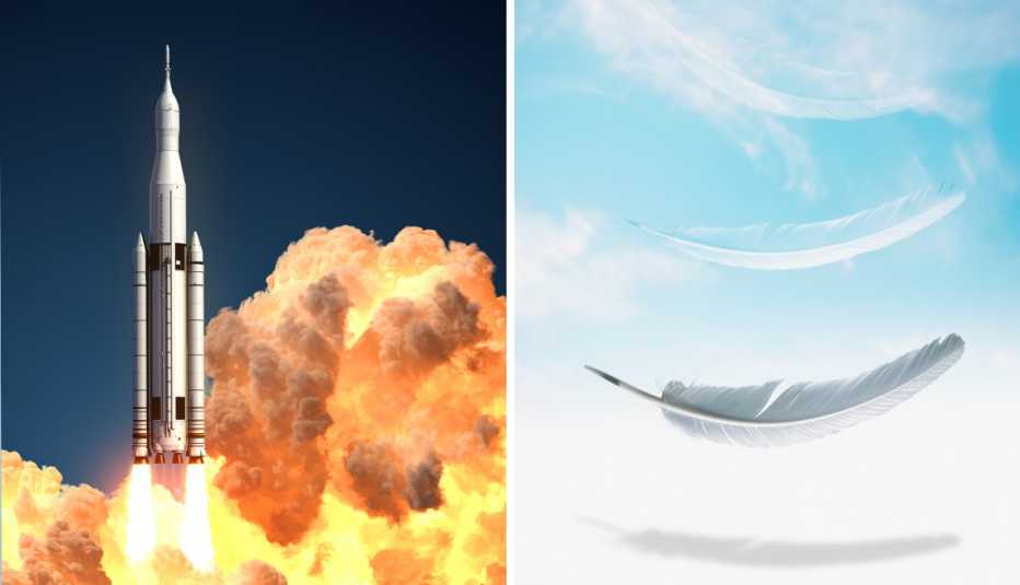 Dos imágenes, un cohete despegando, una pluma cayendo del cielo
