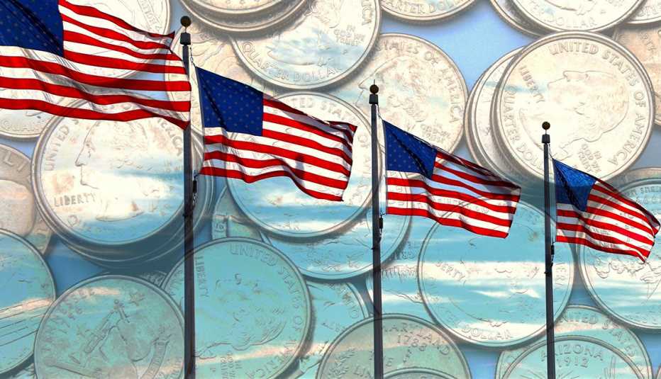 Banderas de Estados Unidos sobre modenas de 25 centavos de dólar