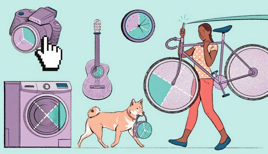 Ilustración de una mujer cargando una bicicleta al lado de una guitarra, un reloj de pared, una lavadora, una cámara y un perro llevando un bolso