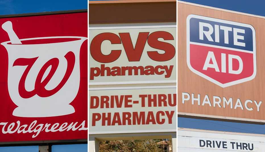 Avisos con los logos de las farmacias Walgreens, CVS, y Rite-Aid