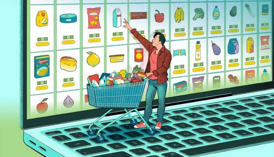 Ilustración de una persona con un carrito de compras que camina sobre el teclado de una computadora y selecciona productos de la pantalla