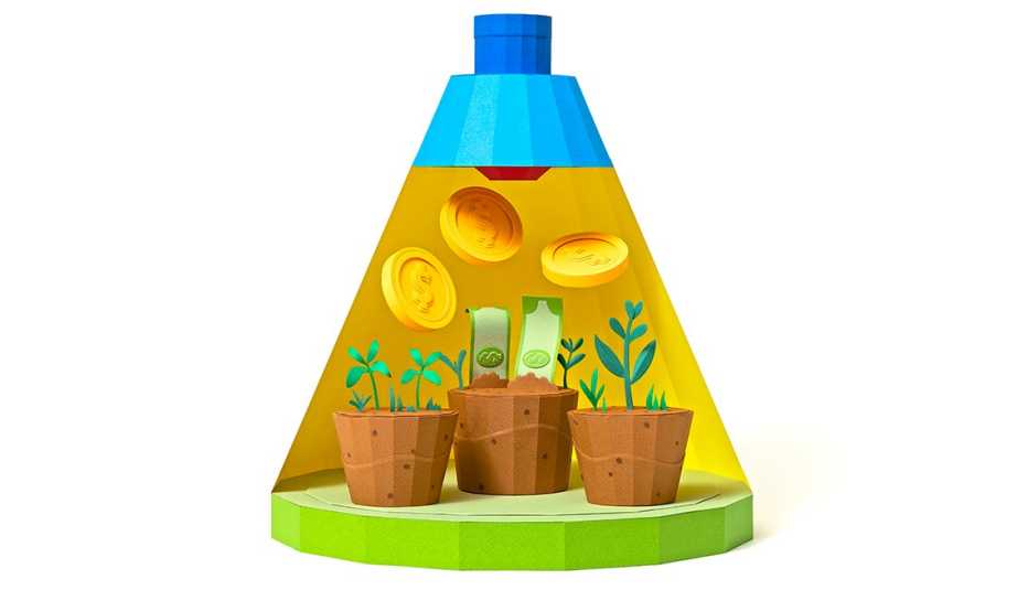 Ilustración de una lámpara que da luz a varias plantas sobre las que llueven monedas