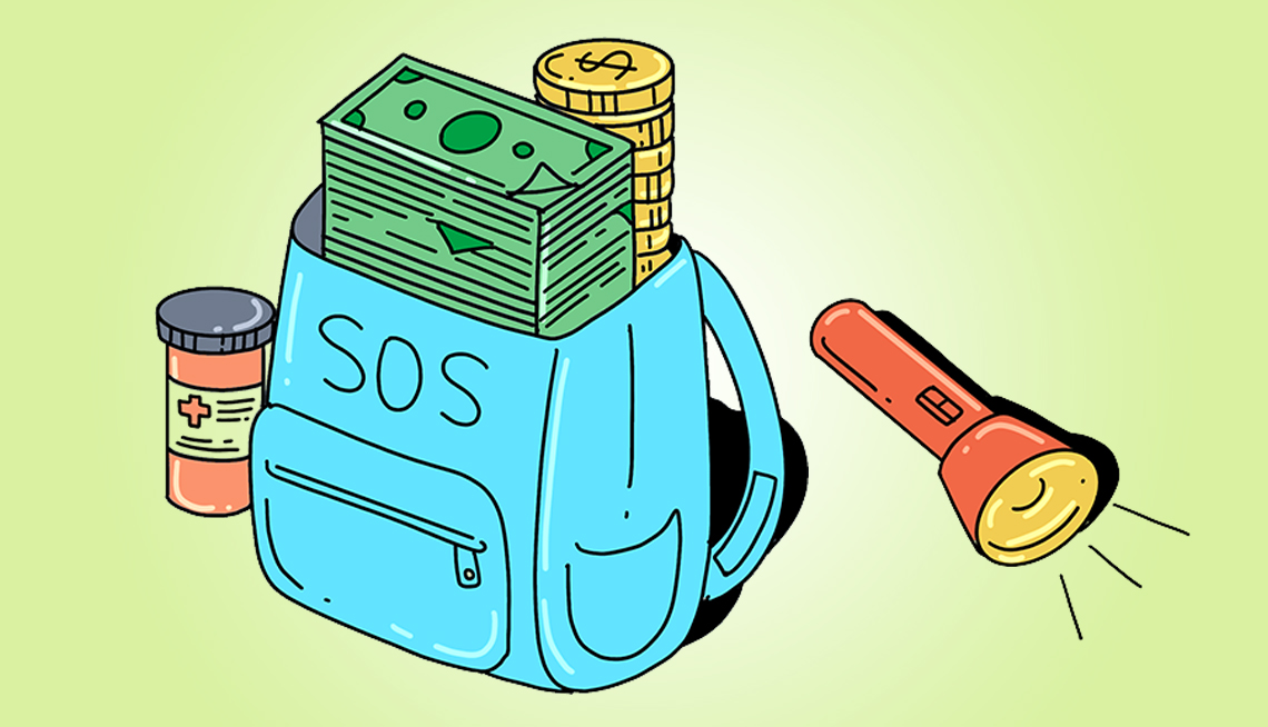 Ilustración de un morral lleno de dinero y un letrero que dice S.O.S al lado de una lata de comida y una linterna