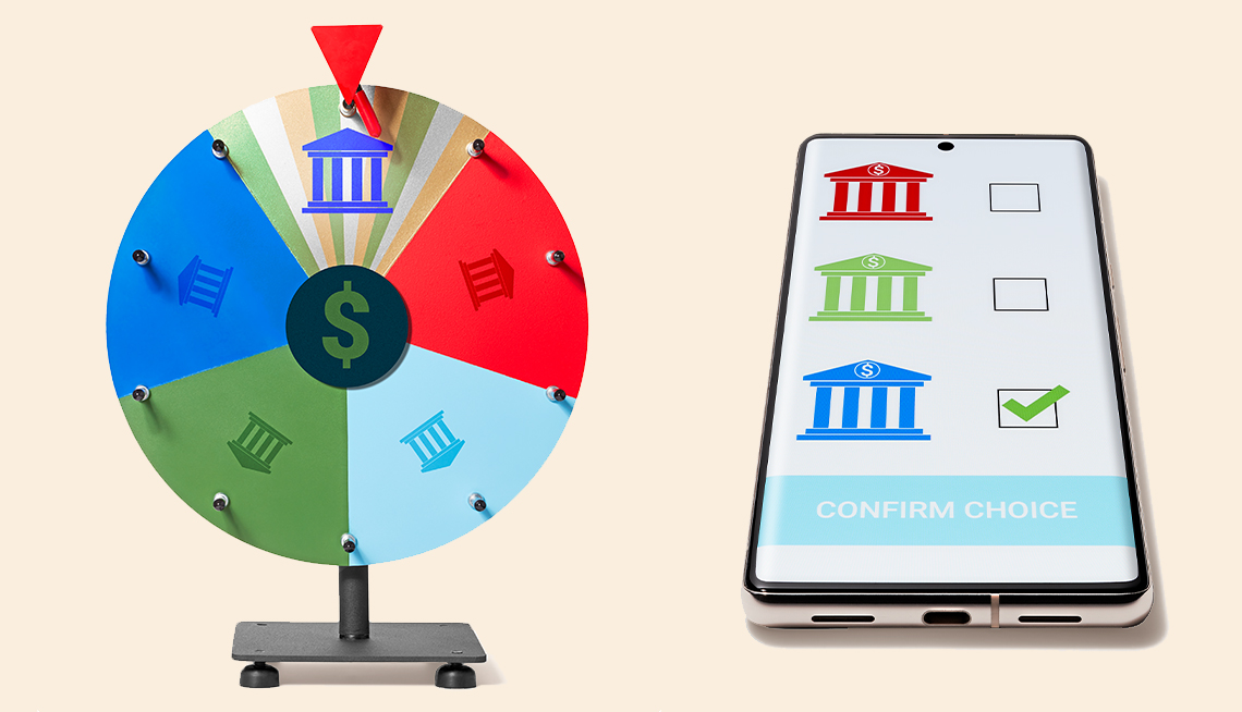 ilustracion de una rueda de la fortuna al lado de un telefono que muestra opciones de bancos para escoger