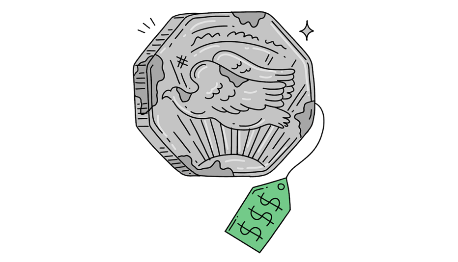 Ilustración de una moneda a la cual le cuelga el precio