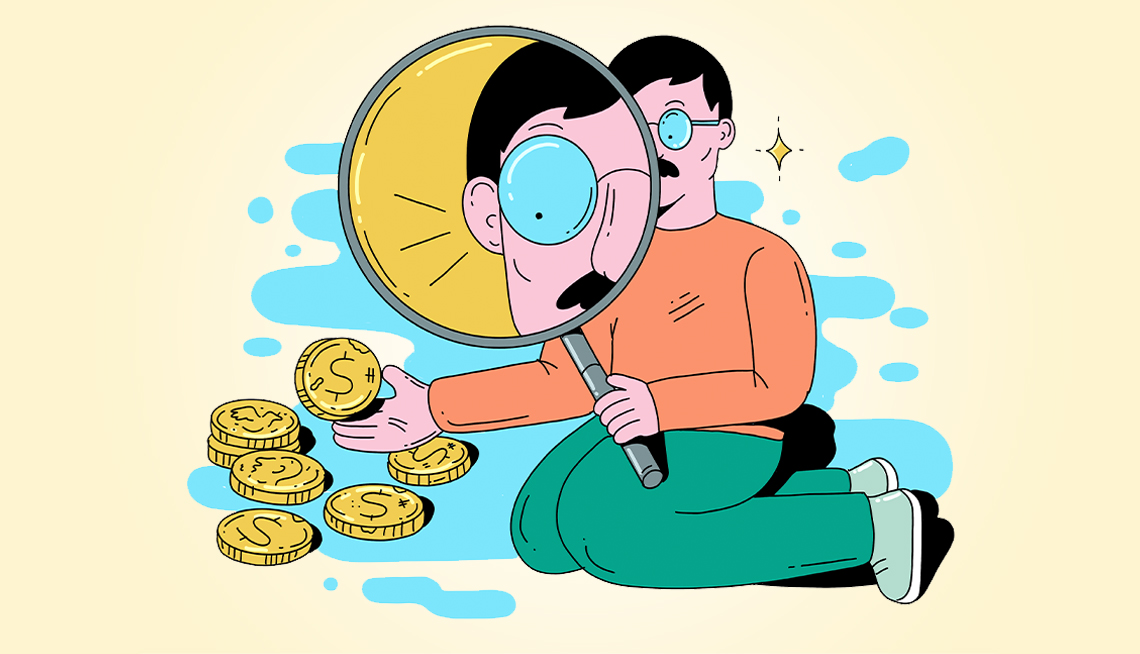 Ilustración de un hombre que ve monedas de oro con una lupa gigante