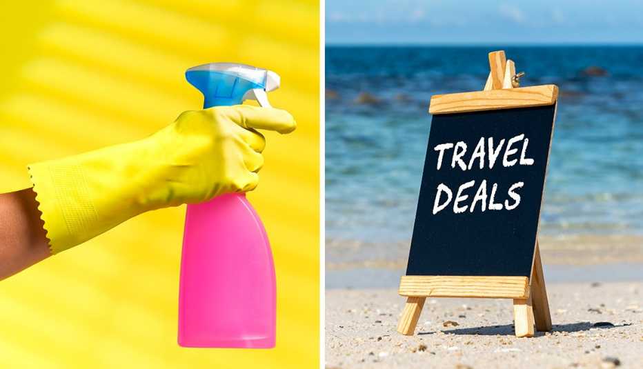 A la izquierda una mano con guante y un atomizador. A la derecha una playa con un letrero que dice ofertas de viaje.
