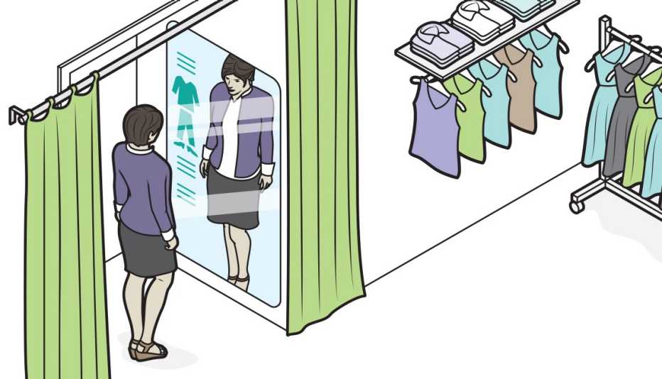 Ilustración de una mujer en un vestidor de una tienda con un espejo interactivo que le da sugerencias para sus compras