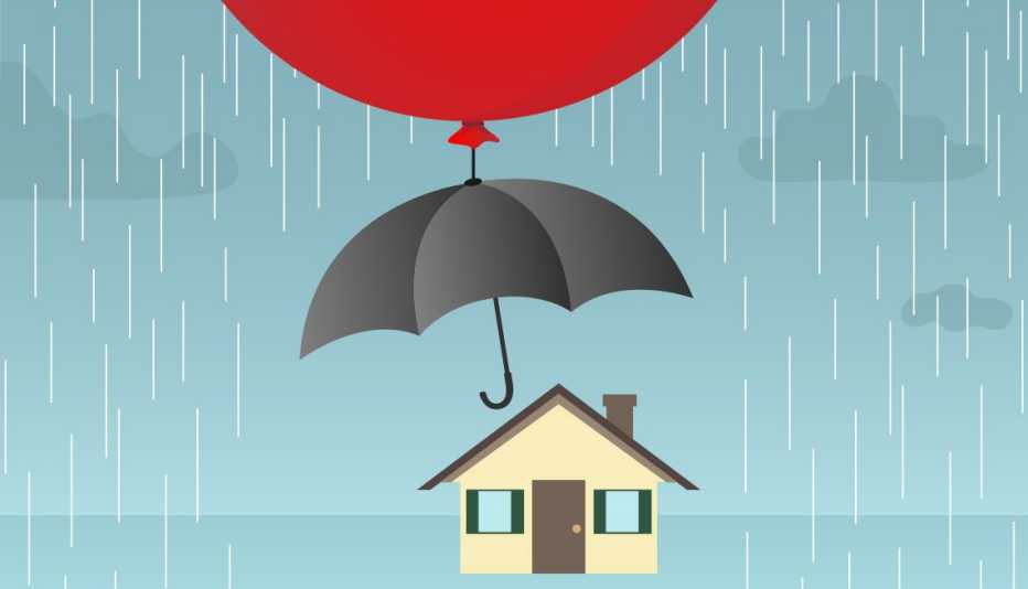 Ilustración  de una casa bajo la lluvia y una sombrilla que la cubre siendo elevada por un globo