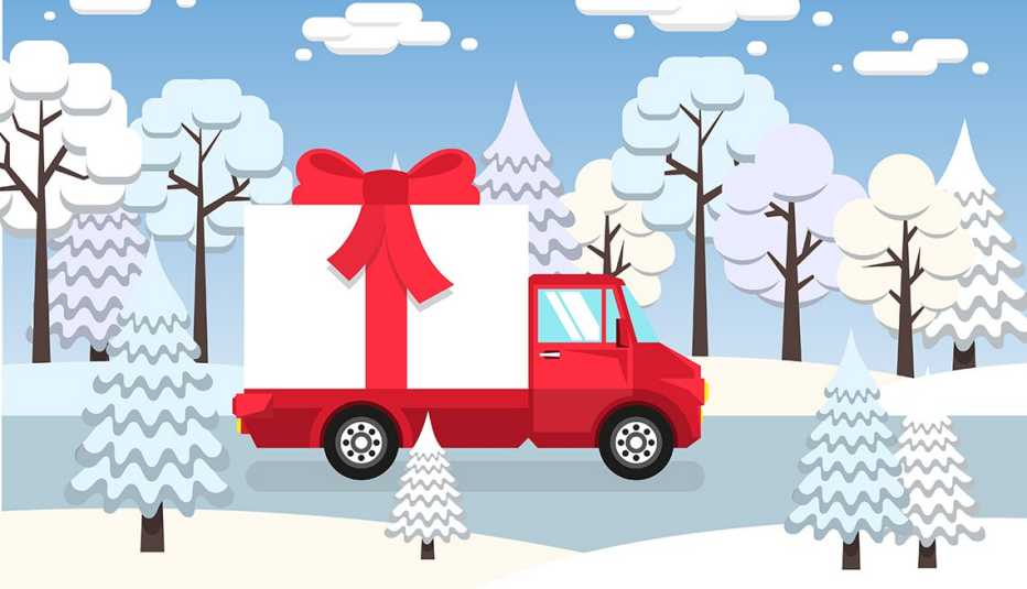 Ilustración de un camión rojo que cruza varios árboles con nieve y lleva un regalo blanco con moño rojo.
