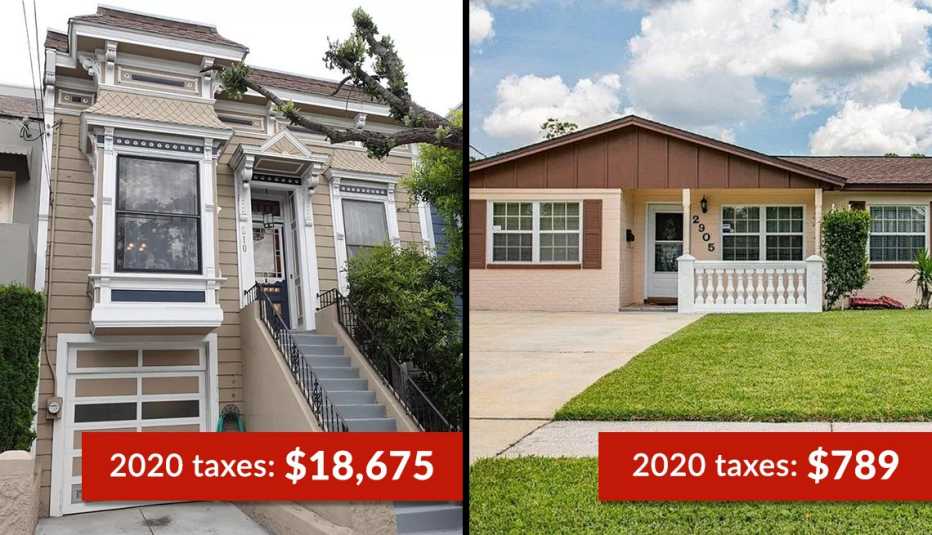 A la izquierda una casa en San Francisco, con impuestos de 18,675 en el 2020, y a la derecha una en la Florida con impuestos 789