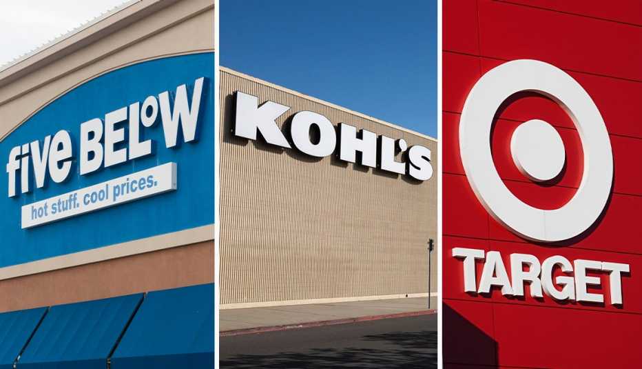 El logotipo de las tiendas Five Below, Kohls y Target.