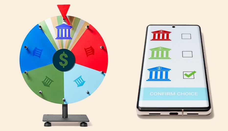 ilustracion de una rueda de la fortuna al lado de un telefono que muestra opciones de bancos para escoger