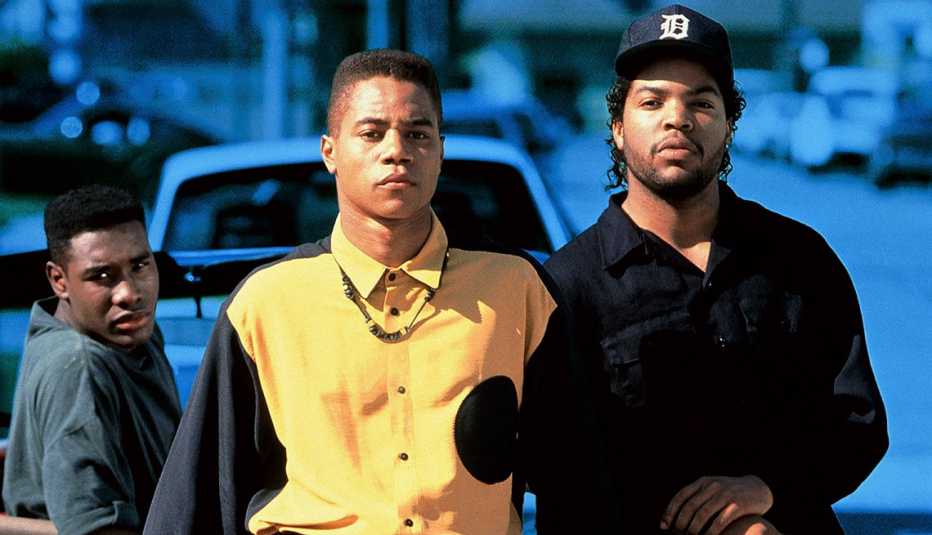 Morris Chestnut, Cuba Gooding Junior y Ice Cube en una escena Boyz N the Hood.